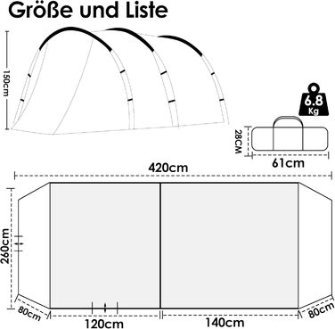 Намет для кемпінгу на 4 особи: водонепроникний тунельний намет для сім'ї та групи, з шатром для сну, сірий