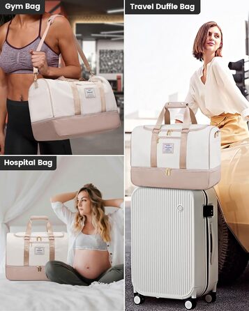 Сумка-валіза LOVEVOOK для жінок, 37L, для подорожей, вихідної подорожі, пологового будинку з косметичкою, відділенням для взуття та мокрих речей, водонепроникна спортивна сумка, Gym Yoga Bag, ручна поклажа для спорту, відпустки, літака, бежево-рожева