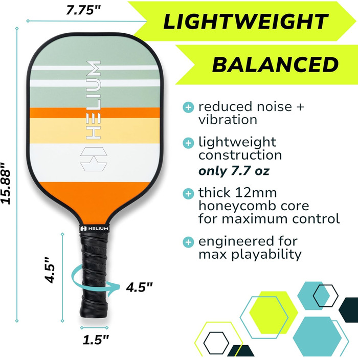 Набір ракетки для піклболу Helium, 4 шт., сертифікат USAPA, графіт-склоповерхня, легкий сотковий кор, 12 мм, багатокольоровий