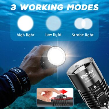 Ліхтар під водою WholeFire 8000 Lumen, IPX8, водонепроникний, 3 режими, акумуляторний, для плавання та дайвінгу