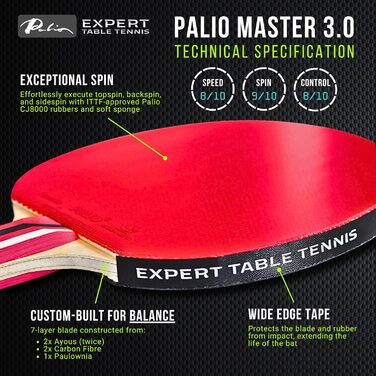 Ракетка для настільного тенісу Palio Master 3.0 (2 шт.) | ITTF, для професіоналів, універсальна (швидкість, обертання, контроль) + кейс