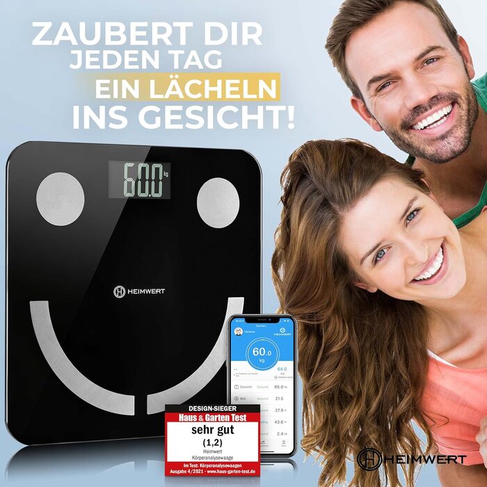 Вага для аналізу складу тіла Heimwert з Bluetooth, USB-зарядкою та додатком - персональна вага для вимірювання жиру