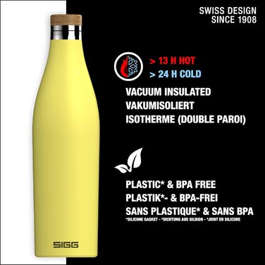 Термос-пляшка SIGG Meridian Ultra Lemon 0,5 л, подвійна стінка, нержавіюча сталь, бамбукова кришка, ізольована, BPA та пластику не містить, герметична, для води та напоїв