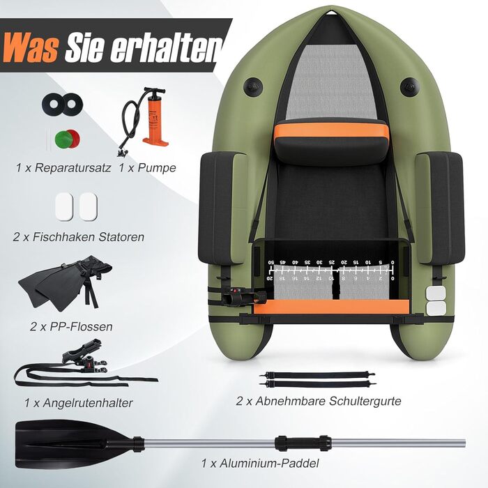 Надувне рибальське човен GYMAX: компактне belly boat з насосом, веслами та регульованими ременями, до 150 кг, зелений