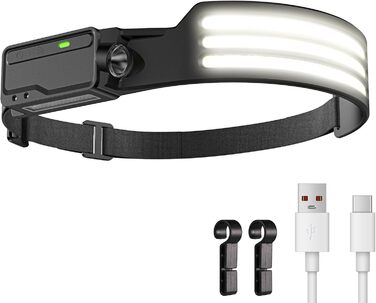 LED налобний ліхтар з акумулятором 1200mAh, датчиком руху, 3 LED, 6 режимів, 230° кут огляду, для дорослих та дітей, кемпінг, біг, походи, велоспорт, 2 шт.