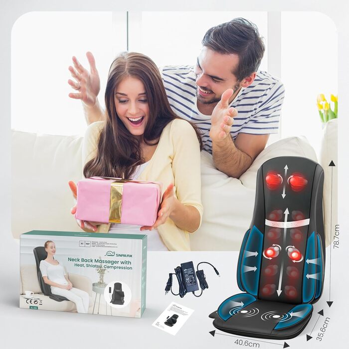 Масажне крісло Snailax Shiatsu з підігрівом, XL. Масажер для спини, шиї, плечей з компресією та вібрацією. Ідеальний подарунок.