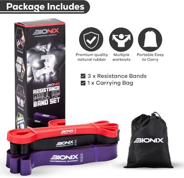 Резинки для фітнесу Bionix: Набір для тренувань, різні рівні опору, для фітнесу, кроссфіту, йоги, силових тренувань (Чорний, Червоний, Зелений, Фіолетовий)