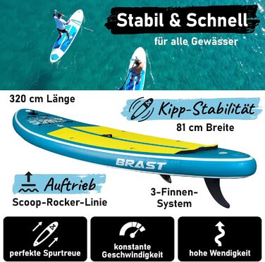 Надувний SUP Board BRAST з LED-підсвічуванням | Комплект для станд-ап паддлінгу | 320x81x15 см | 4 дизайни | LED-підсвічування 10 кольорів | 5 років гарантії | 2в1: весло + сидіння для каяка | Тримач для Action-Cam | Петля для ноги (Summer Petrol)