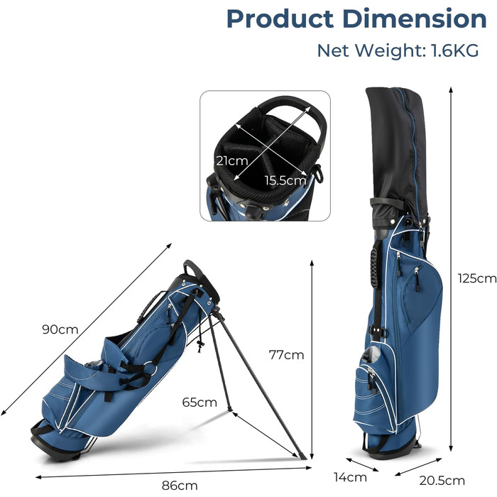Сумка для гольфу LIFEZEAL Stand Bag: легка, з 4-ма перегородками, регульованим плечовим ременем, для чоловіків та жінок (Блакитна)