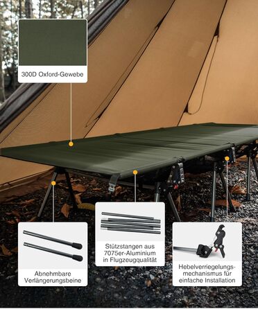 Ліжко похідне складане OneTigris SUPRATIROS XXL (220x80 см), зелений Ranger - для кемпінгу, подорожей, саду, офісу (до 180 кг)