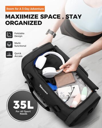 Складана спортивна сумка Tolaccea 35 л, легка, з відділенням для взуття та вологих речей, для чоловіків і жінок, для фітнесу, тренажерної зали, подорожей, футболу, плавання, чорна
