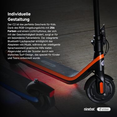 Дитячий електросамокат Segway-Ninebot C2 E, для дітей 6-12 років, до 16 км/год, 7-дюймові колеса, LED-підсвітка, складаний, чорний