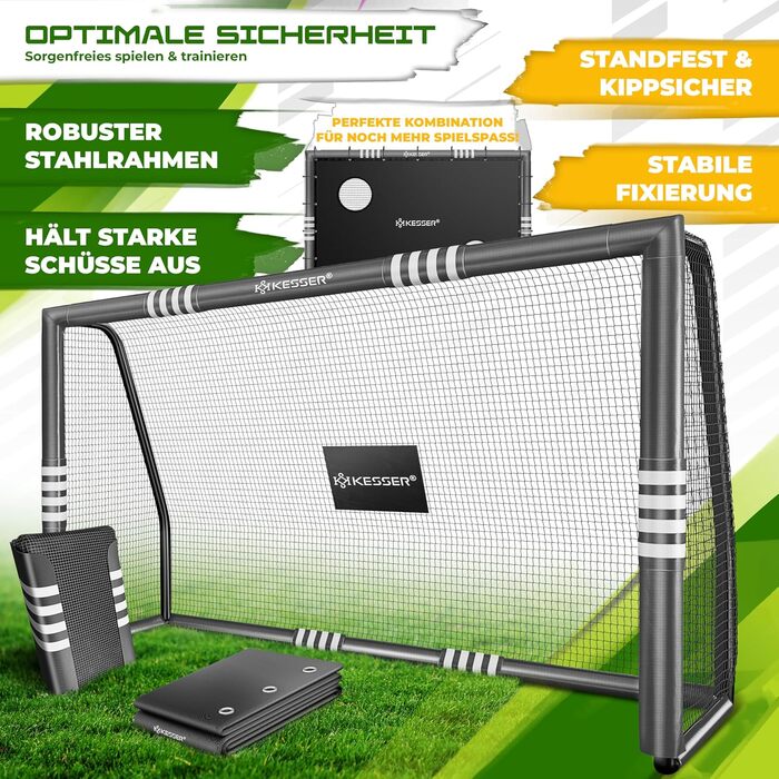 Ворота для футболу KESSER® для саду: міцні, для тренувань, з UV-стійким сітком, сталевий каркас з м'якою обшивкою, земляні кілки, насос, конуси, аксесуари для монтажу (300 см, з торговою панеллю, антрацит)