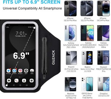 Спортивний браслет для телефону Universal, фіксатор для бігу з навушниками, кишеня для iPhone 16 Pro Max/15 Pro/14 Pro/13/12/11, чорний, на блискавці