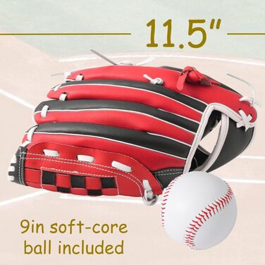 Рукавичка для бейсболу Urby для лівшів, дитяча, для T-ball (чорно-червона, розмір 11.5 дюймів, 7-11 років)