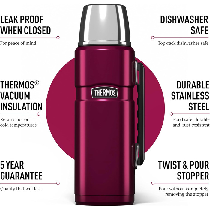 Термос Thermos Stainless King 1200 мл, нержавіюча сталь, силікон, пластик, колір малиновий