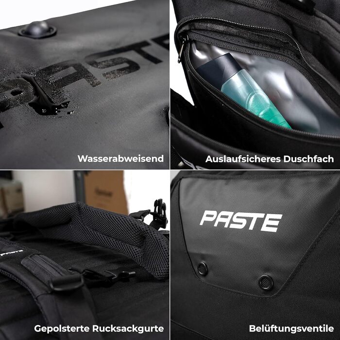 PASTE® Преміальна спортивна сумка-рюкзак 63 л з відділенням для взуття, вологим відсіком, термофункцією, чорна – велика дорожня та тренувальна сумка для футболу, фітнесу, жінок і чоловіків