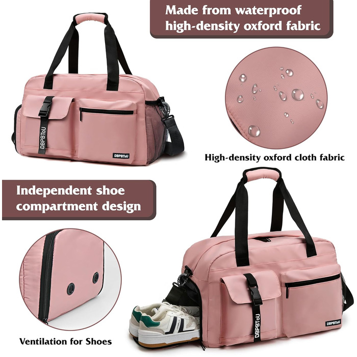 Спортивна сумка для жінок та чоловіків з відділенням для взуття та вологих речей, водонепроникна сумка-вікенд для тренувань, залу, плавання та сауни (рожева)