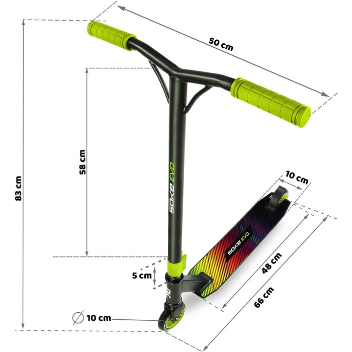 SOKE Evo: Скутер для екстремального катання в скейтпарку – підшипники ABEC-9 Carbon, сталевий Y-образний кермо з TPR-покриттям, алюмінієва дека (зелений)