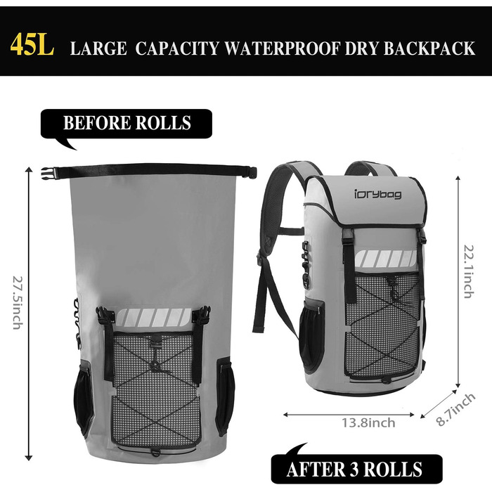 Водонепроникний рюкзак IDRYBAG для чоловіків 45L, 25L, для каякінгу та піших прогулянок, сірий