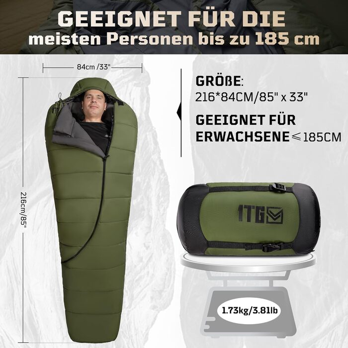 Тактичний спальний мішок 4 сезони 1TG Ranger Green, для дорослих, компактний та теплий, для кемпінгу, трекінгу, подорожей (до 185 см)