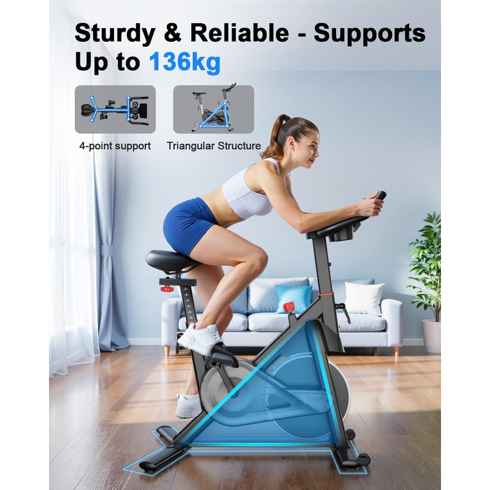 Велотренажер з регульованим магнітним опором, ергометр для дому, фітнес-велосипед 136 кг з тримачем для планшета, фітнес-велосипед з додатком, для дому та фітнес-студії, чорний