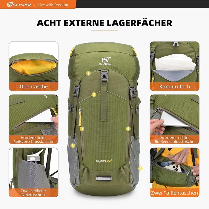 Рюкзак SKYSPER Alpen30 30л для туризму, з вентильованою спинкою, армійсько-зелений, для походів і гір, міський туристичний рюкзак