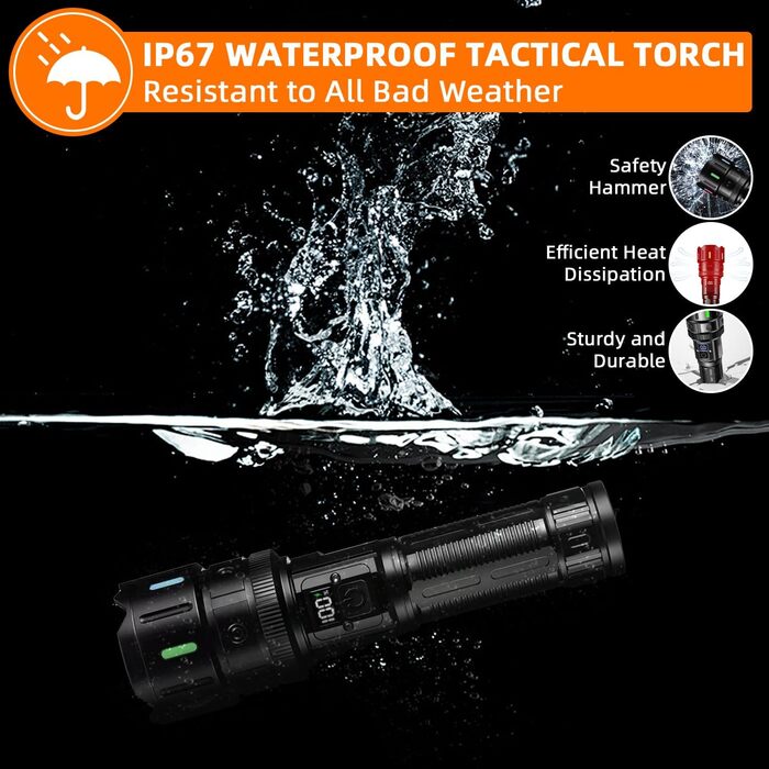 Ліхтар тактичний LED Azyvum, 1000000 люмен, Zoom, 5 режимів, водонепроникний IP67, для кемпінгу, риболовлі, туризму, надзвичайних ситуацій (чорний)