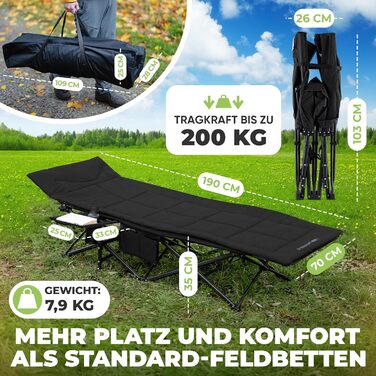 NORDICTRAILS Кемпінгове ліжко NORDICTRAILS - розкладне, XXL, зручне | Розкладне, легке та широке для відпочинку на природі | Гостьове ліжко, лежак, розкладне ліжко, рибальське ліжко, кемпінгове ліжко для коропа з суперм'яким матрацом (з матрацом, чорне)