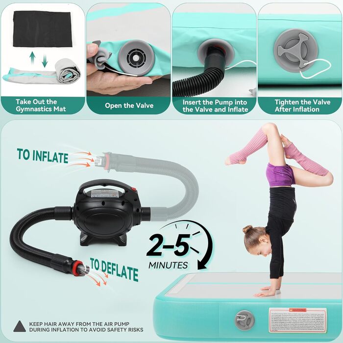 Накидка-матрац для гімнастики DWVO Air Matte Track, 4м, з повітряним насосом, зелений, з карбоновими боковинами