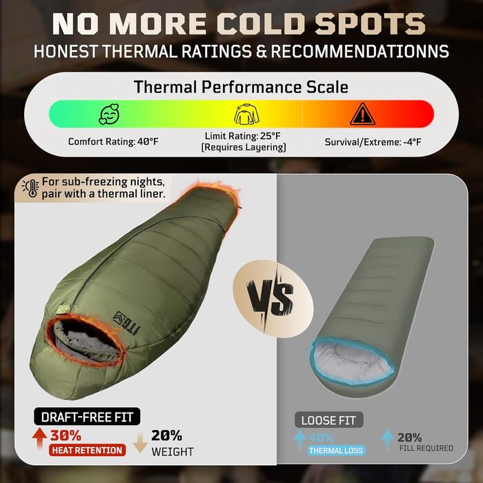 Спальний мішок для дорослих, екстремальний холод (до -3°C), 3-4 сезони, мумія, зелений. З капюшоном, кишенею для телефону та компресійним мішком для кемпінгу, туризму, полювання.