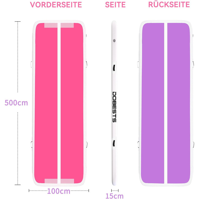 DOBESTS Airtrack Matte - Килимок для гімнастики та фітнесу з повітряною подушкою (500x100x15 см, Рожевий та Фіолетовий)