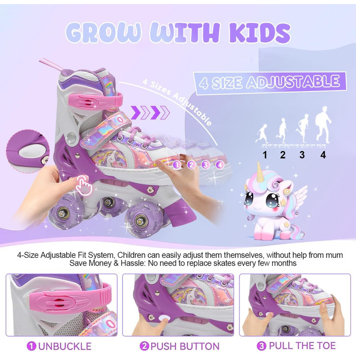 Ролики для дівчаток та хлопчиків, ролики для дітей, регульовані ролики з 8 світлодіодними колесами, розміри S (EU28-31), фіолетові