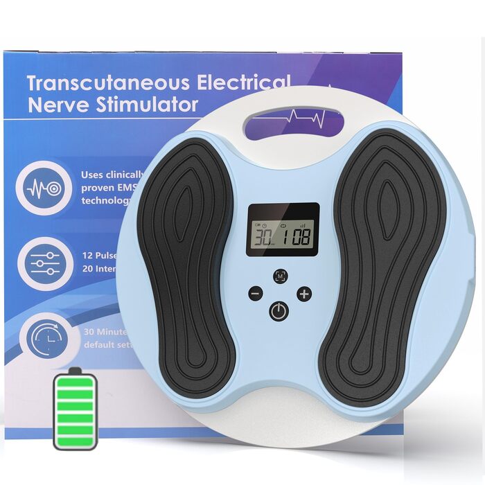 Масажер для ніг та стегон EMS, стимулятор кровообігу – покращує циркуляцію крові, знімає втому ніг та стегон, з 4 електродами TENS, блакитний/сірий