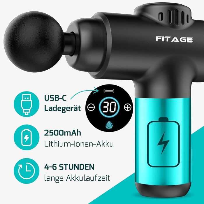 Масажний пістолет FITAGE Mini, 30 режимів, 8 насадок, безшумний масажер для глибокої релаксації м'язів спини, плечей і всього тіла