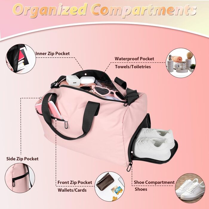 Спортивна сумка Romon для подорожей та тренувань з відділенням для взуття та мокрих речей (39 x 23 x 22 см, Рожева)