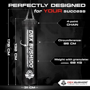 Боксерський мішок DBX BUSHIDO SPORT 130 см, 60 кг, наповнений гумовою крихтою, чорний — для боксу, кікбоксингу та тренувань