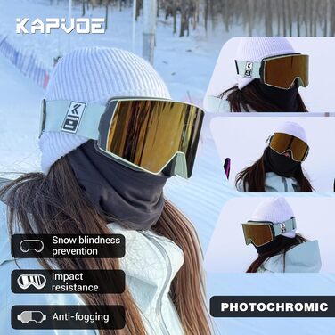 Фотохромна лижна маска KAPVOE з магнітною лінзою, 100% UV400, антифог, для сноуборду та гірських лиж