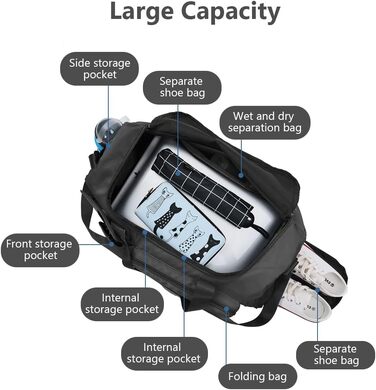 Складана дорожня сумка Flintronic 36L, велика водонепроникна сумка для подорожей, вікенду та спорту для чоловіків і жінок, сіра (з багажним біркою)