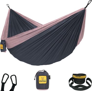 Гамак для кемпінгу Wise Owl Outfitters – односпальний або двоспальний, для дому та відпочинку на природі, з сумкою для зберігання, аксесуари для рюкзака та подорожей (Кольору вугільного та рожевого, двоспальний)