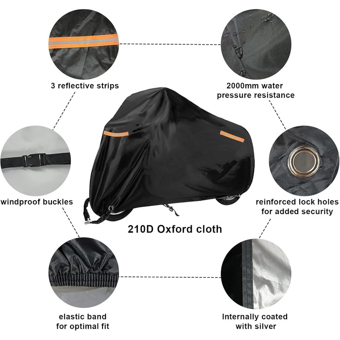 USHOP Мотоциклетний чохол для мотоцикла, скутера, ролера, мопеда, Outdoor XXL, 210D Oxford, UV-захист, з відбиваючими смугами, отвір для замка, вітрозахисні пряжки (245x105x125 см)