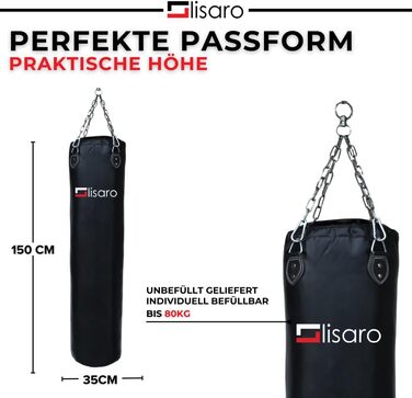 Боксерський мішок Lisaro Profi Boxsack 150x35 см для боксу, кікбоксингу та MMA, штучна шкіра (вініл), чорний, без наповнювача, зі сталевим ланцюгом