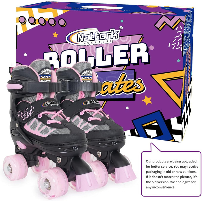 Роликові ковзани для дітей Nattork, 4 розміри, регульовані, світлові ролики, для дому та вулиці, EU 35-38, рожеві