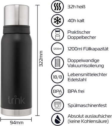 Термос TRNK Arktis 2 з нержавіючої сталі, 1200 мл, BPA-free, тримає тепло 32 години, 2 чашки, можна мити в посудомийній машині, нічний чорний матовий