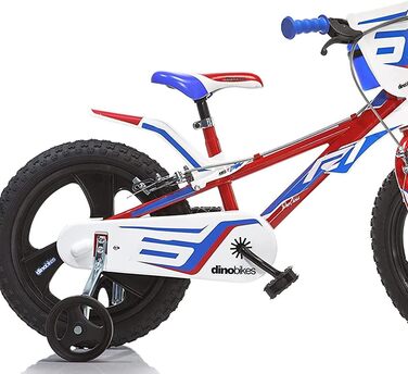 Дитячий велосипед Dino Bikes 14 дюймів для хлопчиків з ручними гальмами, допоміжними колесами, червоно-синьо-білий
