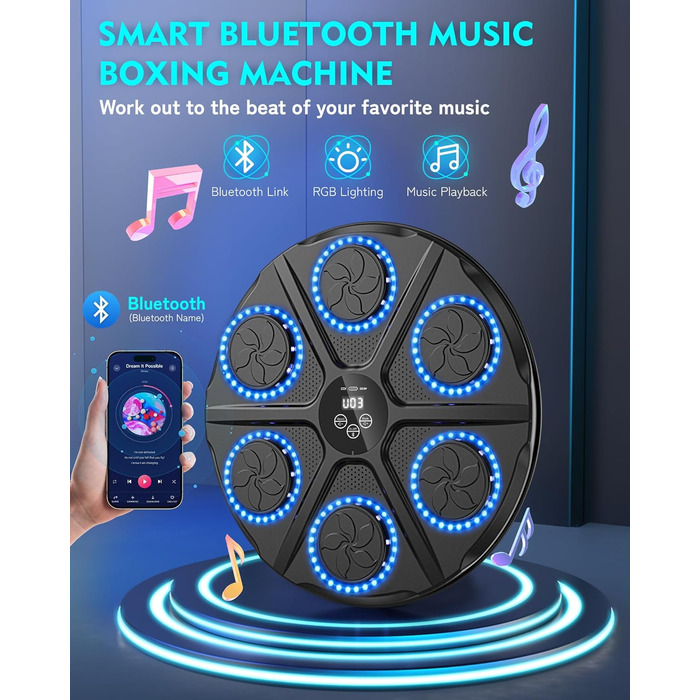 Музична бокс-машина для дорослих і дітей з Bluetooth, LED, 12 режимів та 12 швидкостей, бокс-рукавички в комплекті, електронний тренажер для боксу
