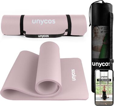 Гімнастичний килимок Unycos 183x60 см, NBR 15 мм, нековзкий, для йоги, пілатесу, фітнесу, з ременем та E-книгою, рожевий, нетоксичний