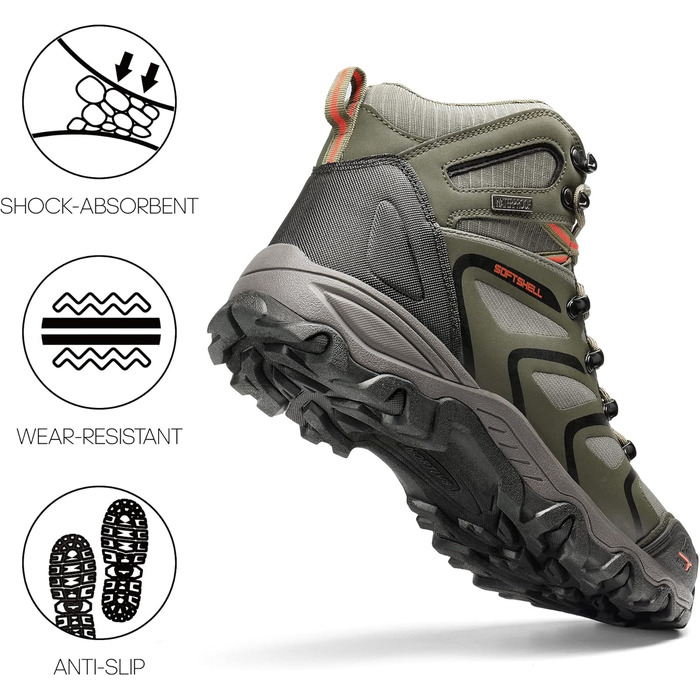 Чоловічі туристичні черевики NORTIV 8 - водонепроникні трекінгові черевики для хайкінгу та альпінізму, розмір 46 EU, широкі, оливковий, чорний, помаранчевий
