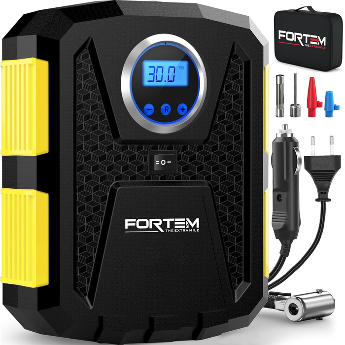 Електричний компресор FORTEM для авто і велосипедних шин, 12В/230В, з LED-підсвічуванням, цифровий манометр, автоматичне відключення