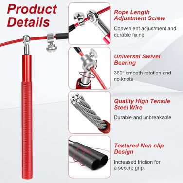 Скакалка Flintronic Speed Springseil: Регульована 300см з подвійним підшипником & алюмінієвою ручкою, для фітнесу, кросфіту, боксу та кардіо (#5 Червоний)